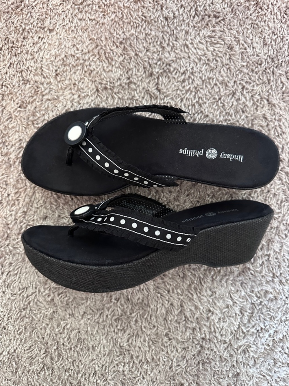 Vintage Y2K Black Wedge Polka Dot Lindsay Phillips Switch Flip Flops Sandals